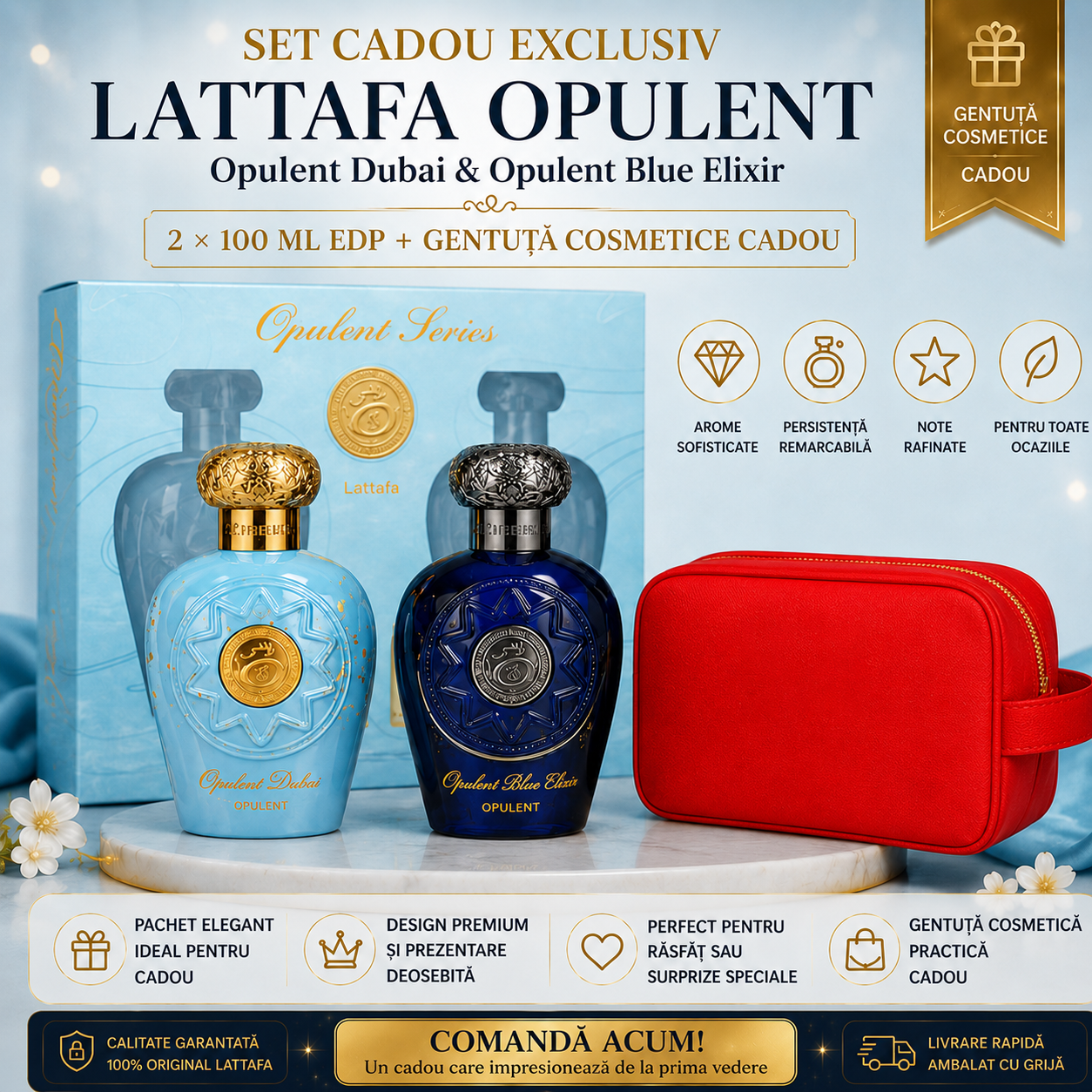 Set Parfumuri Lattafa Opulent Dubai & Opulent Blue Elixir, 2x 100 ml, Parfumuri Arabesti, Gentuta Cosmetice